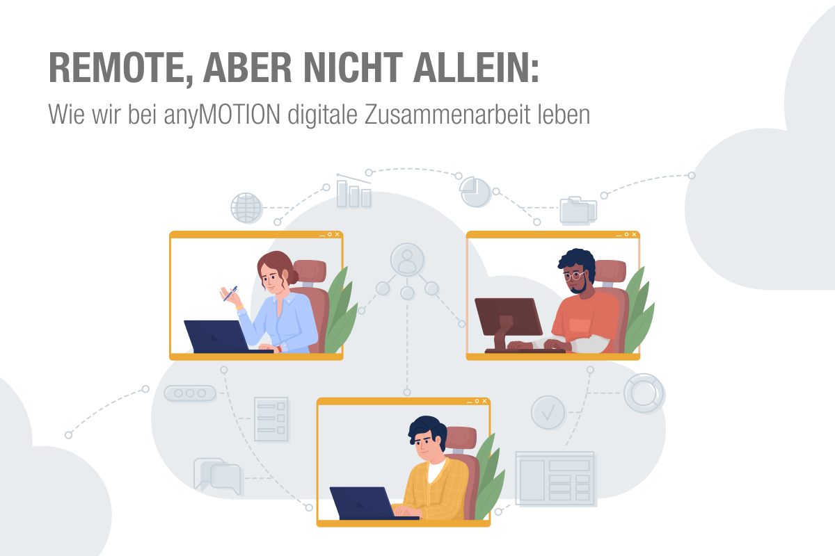 Das Bild zeigt Menschen, die an verschiedenen Orten remote arbeiten, aber dennoch verbunden sind.