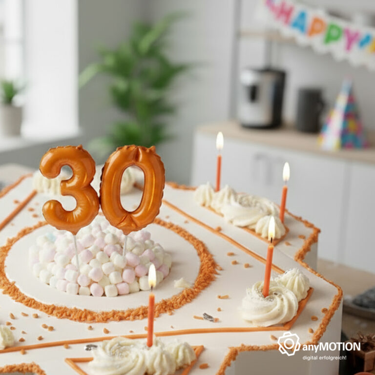Bild zeigt eine Torte mit Kerzen und einer 30 anlässlich des 3ß-jährigen Bestehens von anyMOTION.