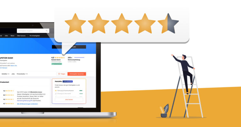 Illustration einer Arbeitgeberbewertungsseite auf einem Laptop-Bildschirm, darüber eine Sprechblase mit viereinhalb goldenen Sternen. Rechts steht eine stilisierte Person auf einer Leiter.